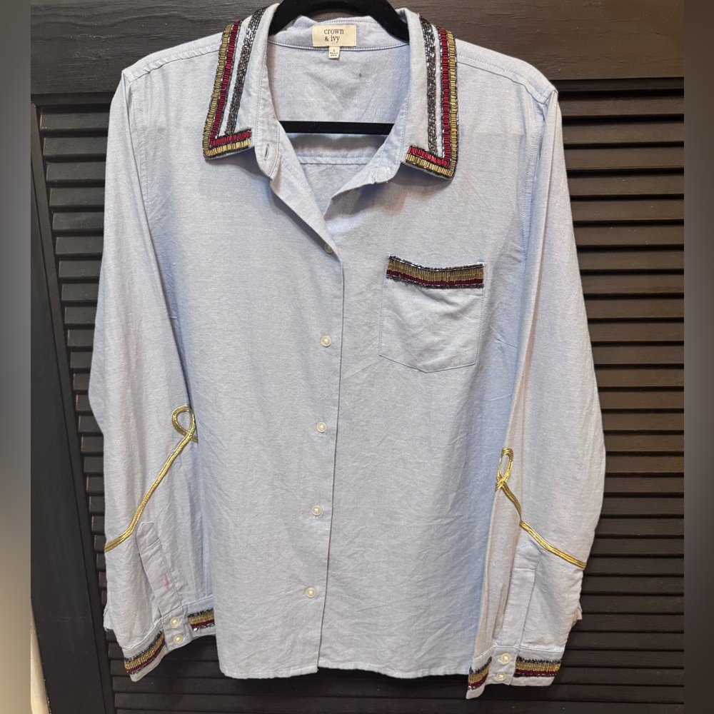 Crown & Ivy Blue Button Down Shirt with Bead Design and Accents Women’s Large
